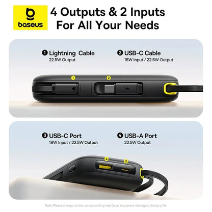 Baseus power bank showing 4 outputs and 2 inputs with Lightning, USB-C cables, USB-C and USB-A ports