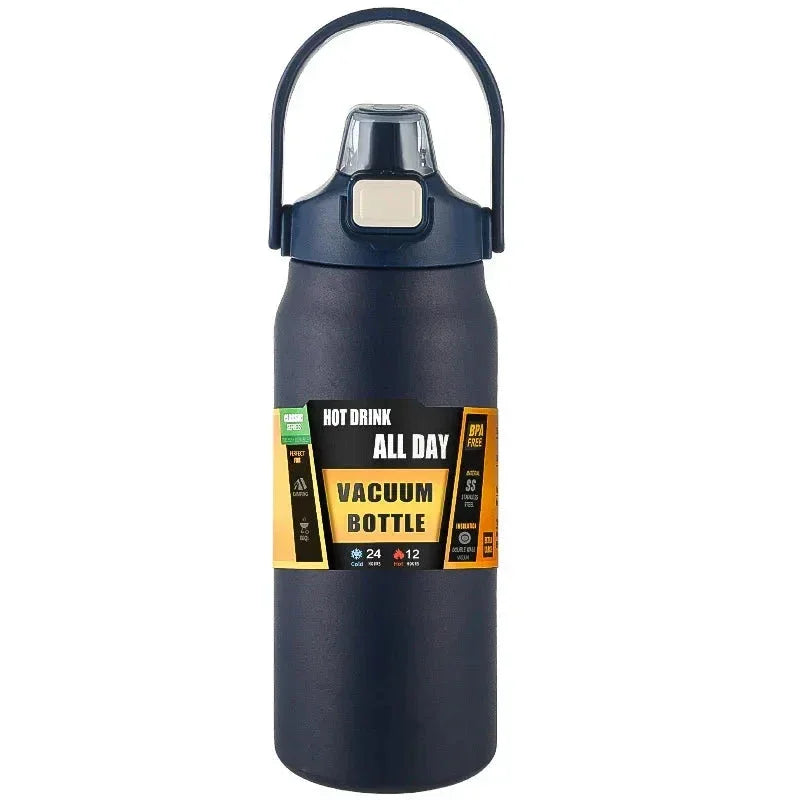 Navy blue vacuum bottle for hot and cold drinks with handle and yellow label
