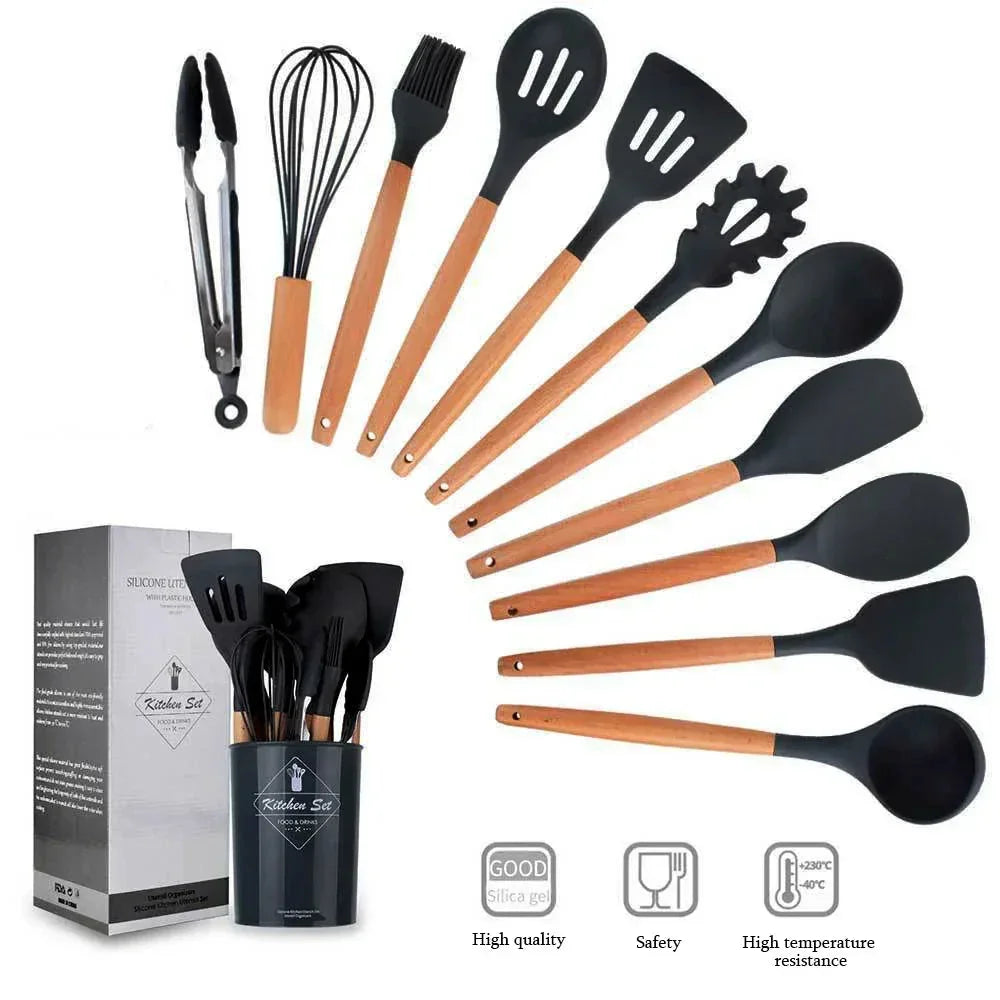12-Piece Silicone Kitchen Utensils Set – Heat-Resistant Non-Stick Cooking Tools with Wooden Handles & Holder - Wahtrends