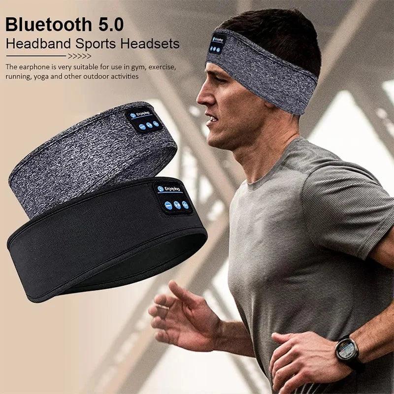 Man running outdoors wearing Bluetooth 5.0 headband sports headset with gray and black headband options