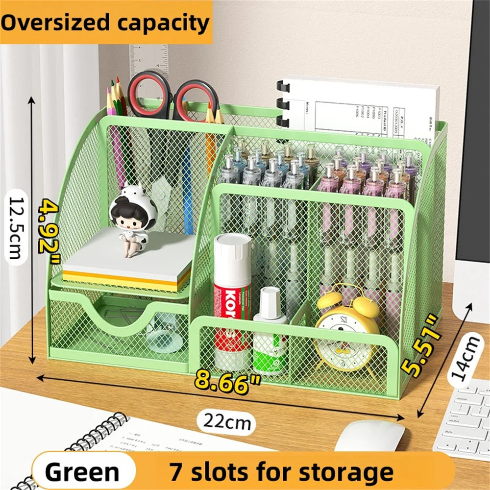 Metal Pen Holder & Desk Stationery Organizer – 7-Grid Mesh Office Storage Rack AE