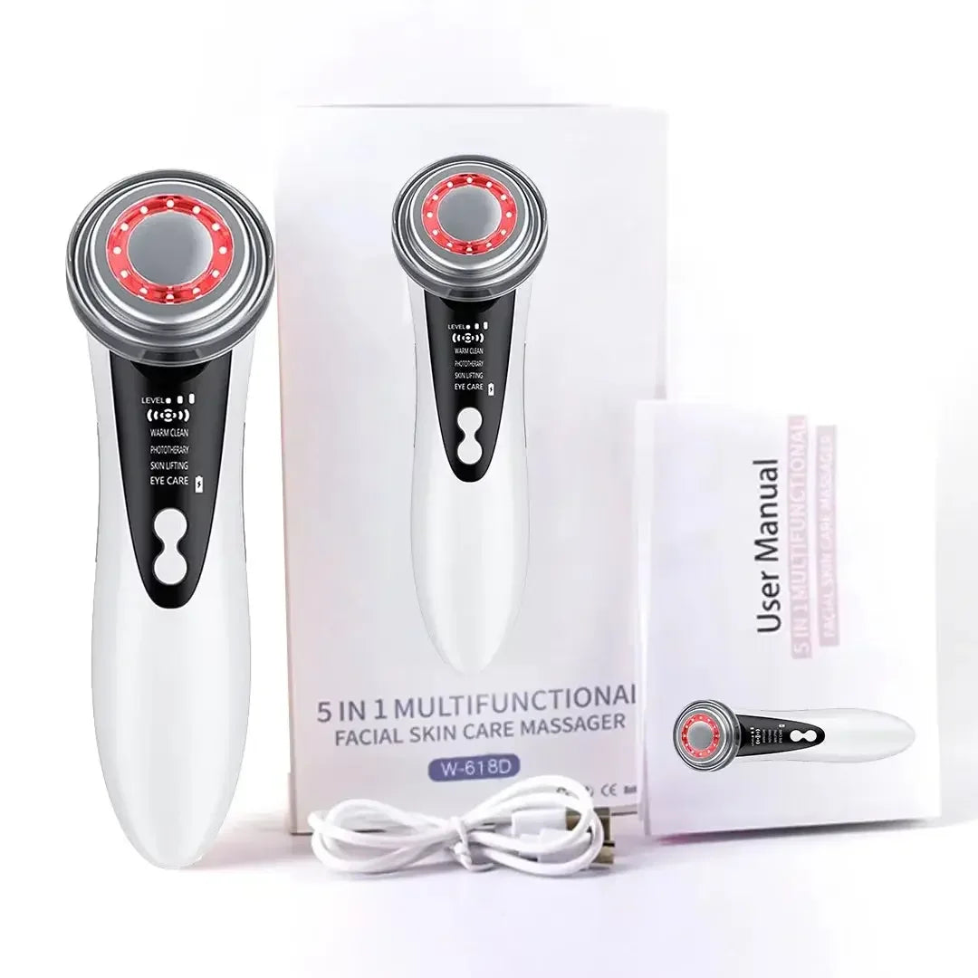 5 in 1 multifunctional facial skin care massager device with red LED light, user manual, and USB charging cable