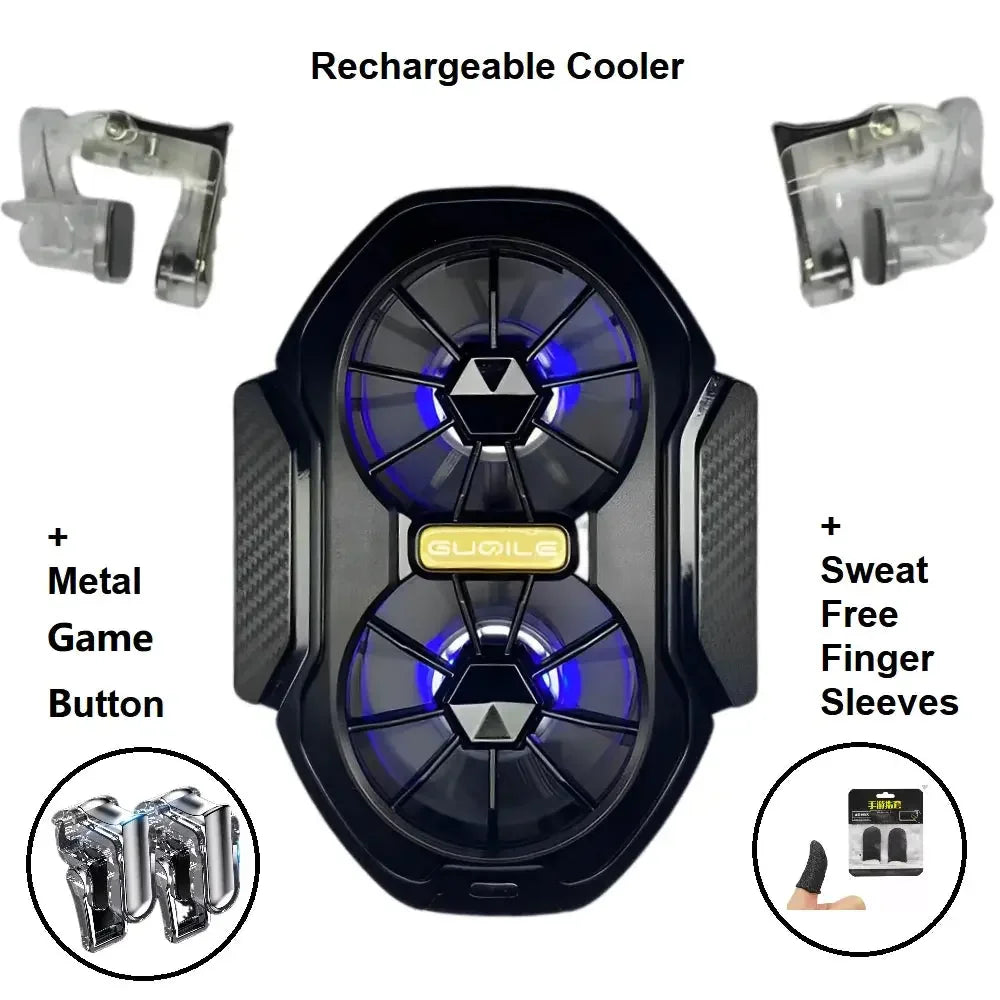 Rechargeable gaming cooler with dual fans, blue LED lights, metal game buttons, and sweat-free finger sleeves