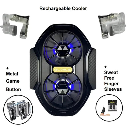 Rechargeable gaming cooler with dual fans, blue LED lights, metal game buttons, and sweat-free finger sleeves
