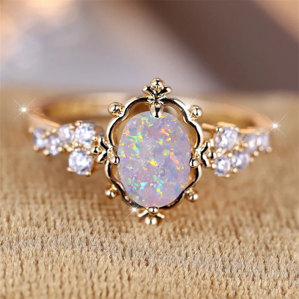 Best White Fire Opal Oval Stone Flower Ring for Woman AE