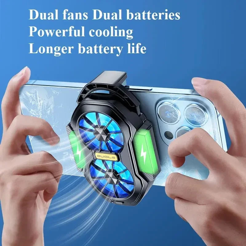 Smartphone cooling fan with dual fans and batteries attached to phone for powerful cooling and extended battery life