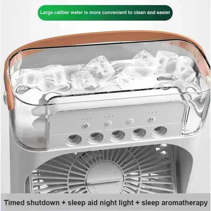 Portable air cooler with large water tank, ice cubes, sleep night light, aromatherapy, and timer features