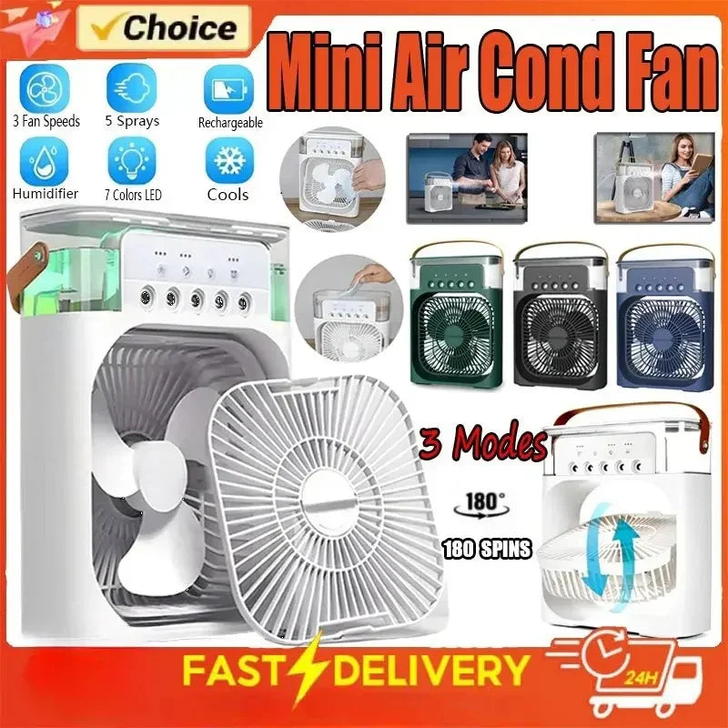 Mini air conditioner fan with 3 fan speeds, humidifier, 7-color LED, rechargeable, 3 modes, 180° spin, available in white, green, black, blue