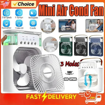 Mini air conditioner fan with 3 fan speeds, humidifier, 7-color LED, rechargeable, 3 modes, 180° spin, available in white, green, black, blue