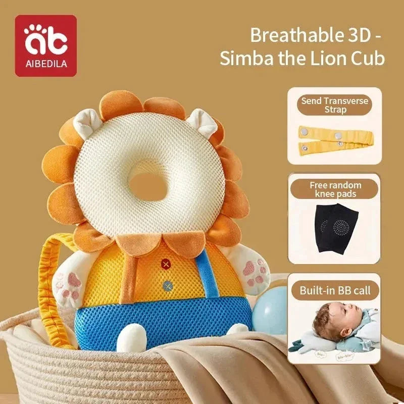 AIBEDILA breathable 3D Simba the Lion Cub baby head protector pillow with yellow and blue details in a basket
