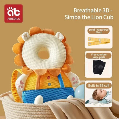 AIBEDILA breathable 3D Simba the Lion Cub baby head protector pillow with yellow and blue details in a basket