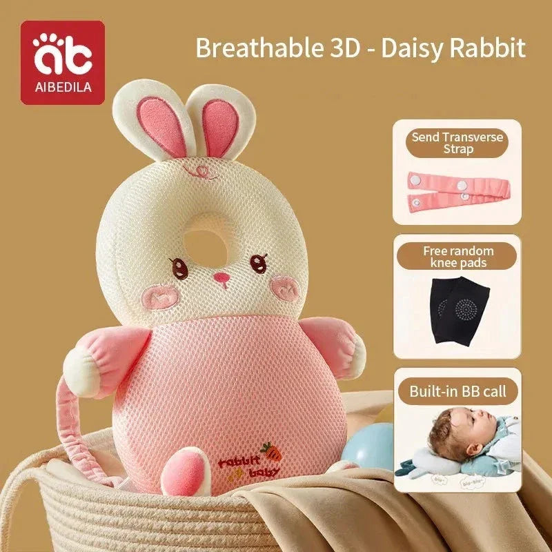 AIBEDILA breathable 3D Daisy Rabbit baby cushion with pink and white mesh fabric, featuring plush ears and arms, displayed in a basket