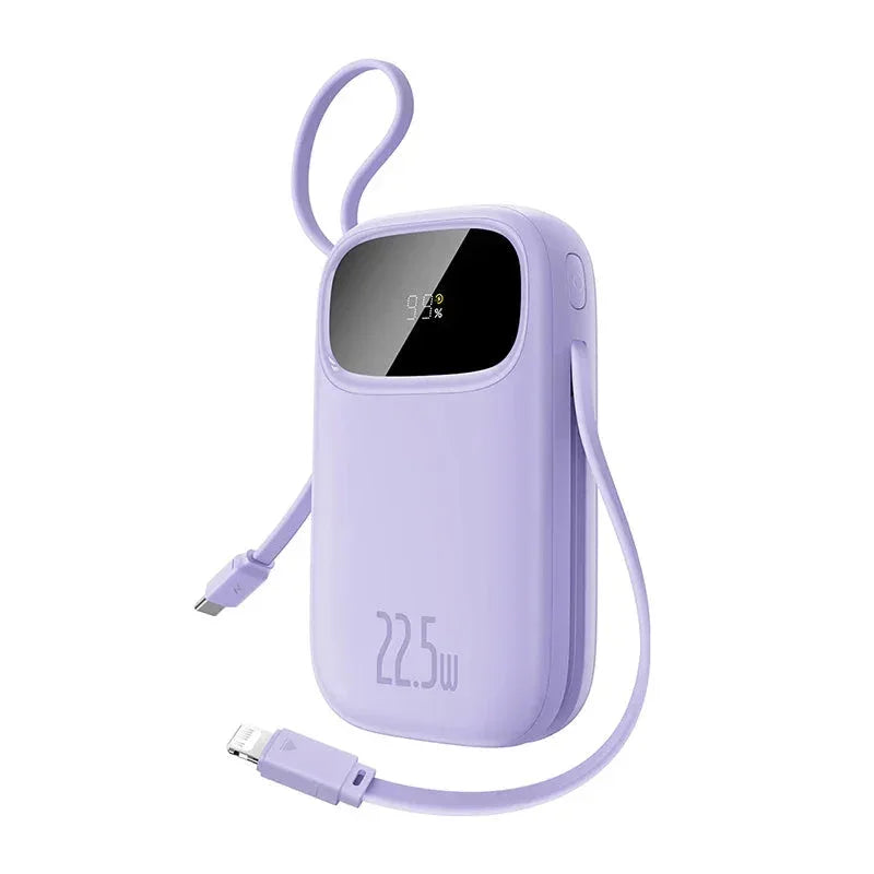 Compact lavender 22.5W power bank with digital battery display and built-in charging cables