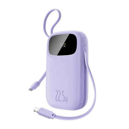 Compact lavender 22.5W power bank with digital battery display and built-in charging cables