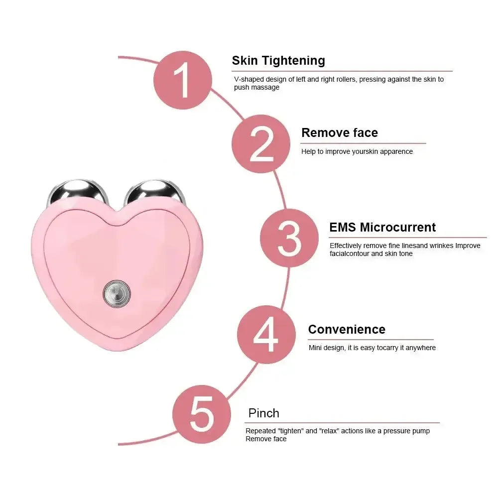 Pink heart-shaped facial massage device with metal rollers and five skincare benefits listed