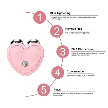 Pink heart-shaped facial massage device with metal rollers and five skincare benefits listed