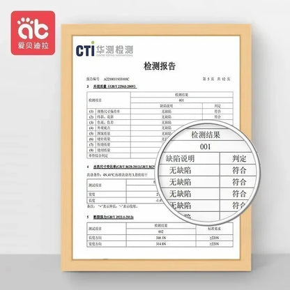 Magnified Chinese quality inspection report from Centre Testing International in wooden frame