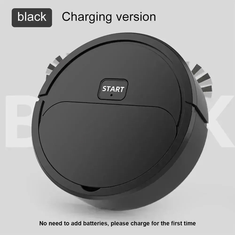 Black round robotic vacuum cleaner with start button and side brushes, rechargeable design