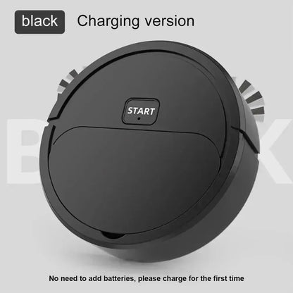 Black round robotic vacuum cleaner with start button and side brushes, rechargeable design