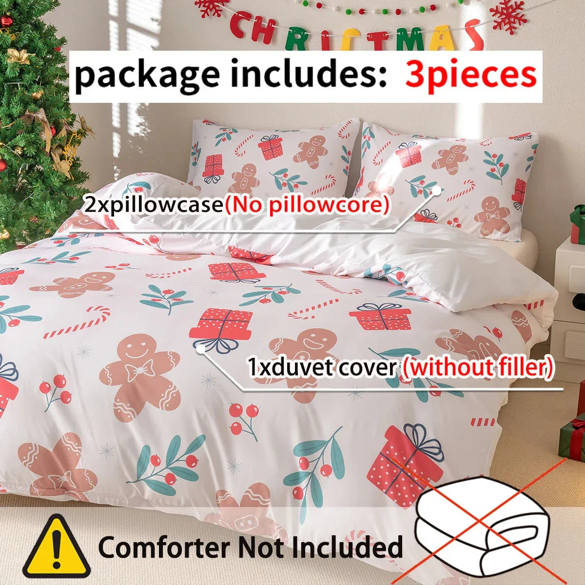 Christmas Reindeer Snowman Bedding Set 3-Piece - Soft Microfiber Duvet Cover and Pillowcases for Queen Bed Holiday Decor - Wahtrends