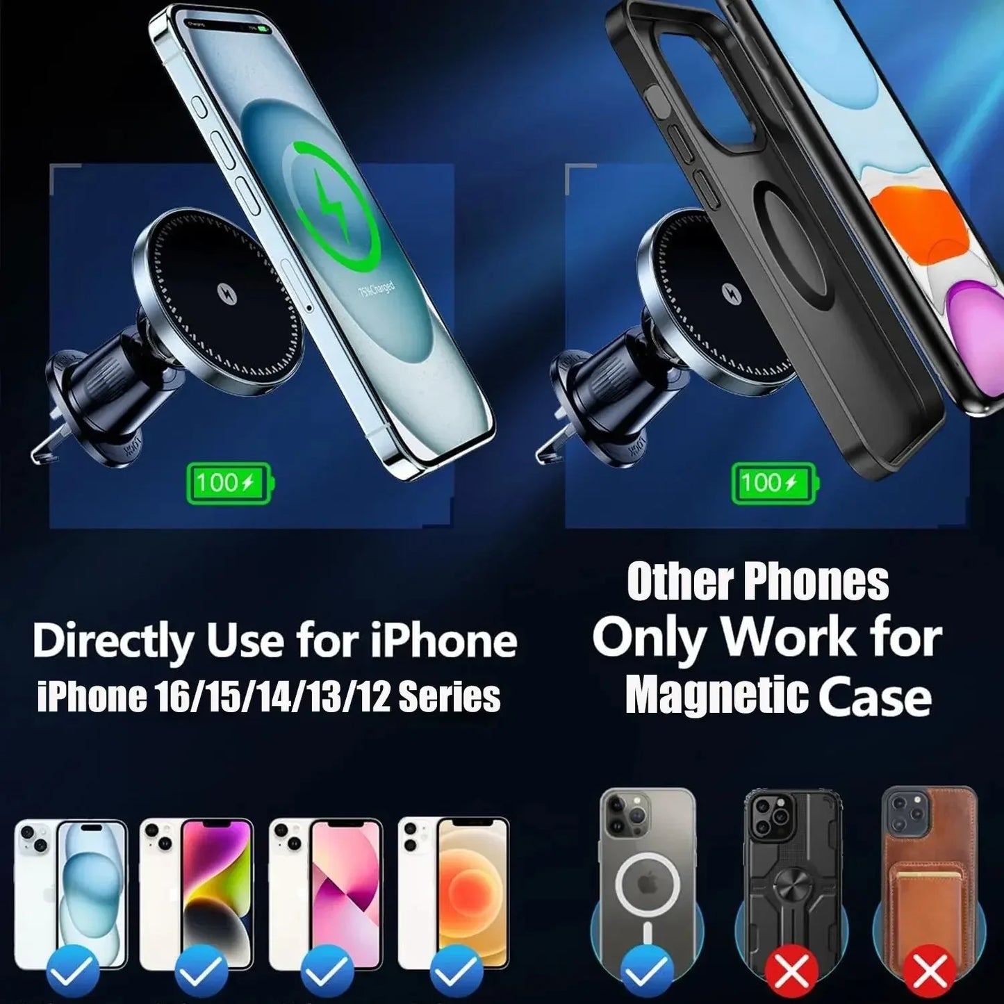 Magnetic car phone holder charging iPhone 16 to 12 series directly, other phones need magnetic case