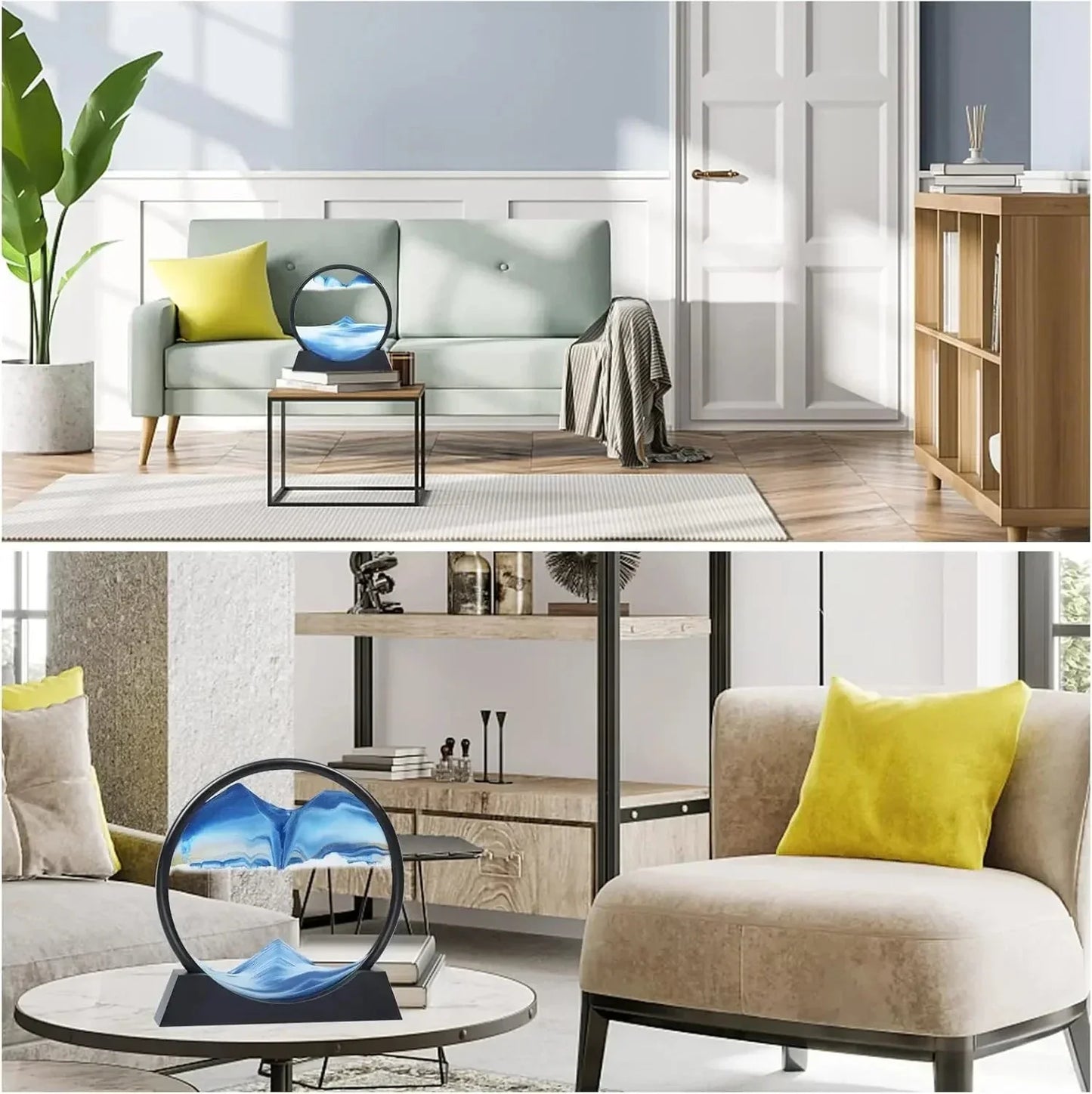 Modern living rooms with blue kinetic sand timers on tables, featuring yellow accent pillows
