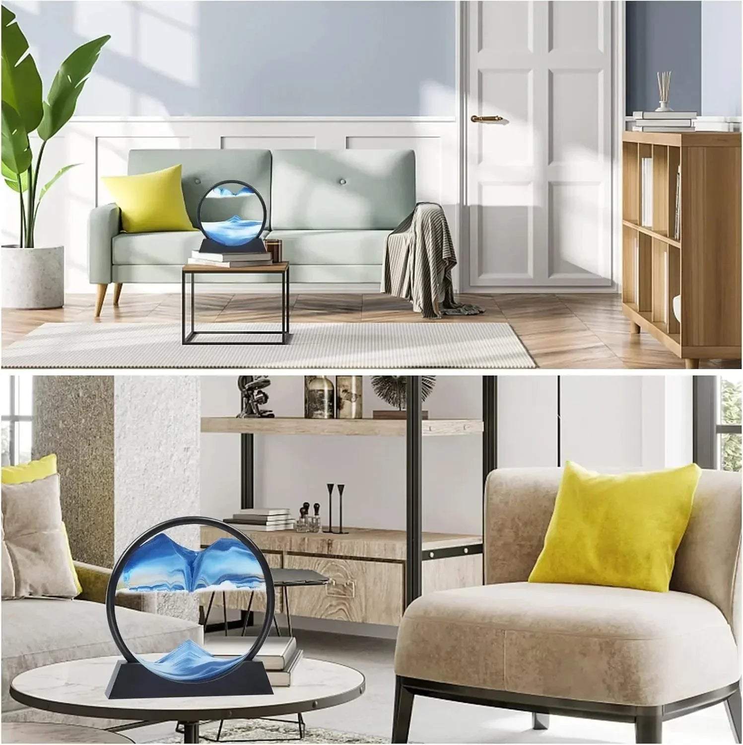 Modern living rooms with blue kinetic sand timers on tables, featuring yellow accent pillows