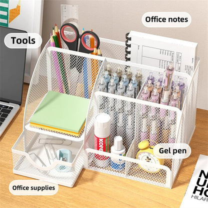 Metal Pen Holder & Desk Stationery Organizer – 7-Grid Mesh Office Storage Rack AE