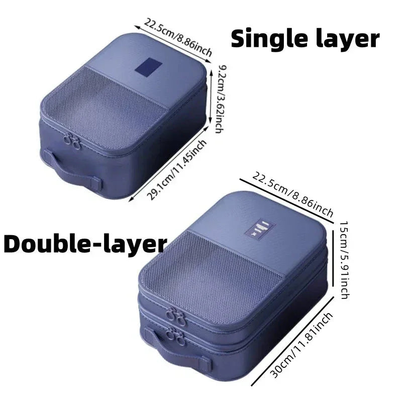 Blue single-layer and double-layer travel storage bags with mesh pocket and zippers, showing dimensions