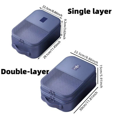Blue single-layer and double-layer travel storage bags with mesh pocket and zippers, showing dimensions
