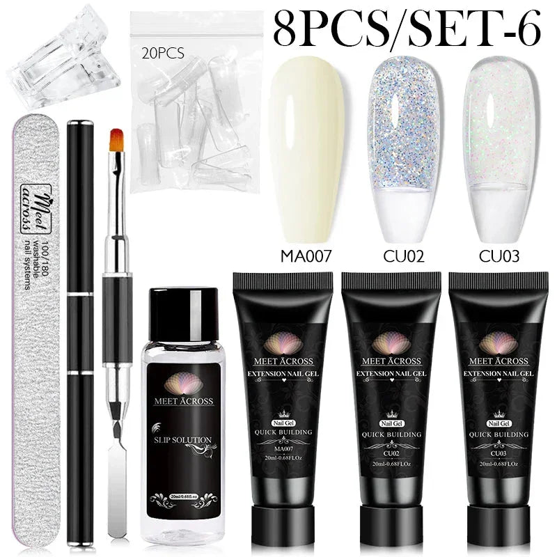 MEET ACROSS Polygel Nail Kit – 8-Piece Acrylic Builder Gel Set with Slip Solution & Dual Forms for DIY Nail Extensions - Wahtrends