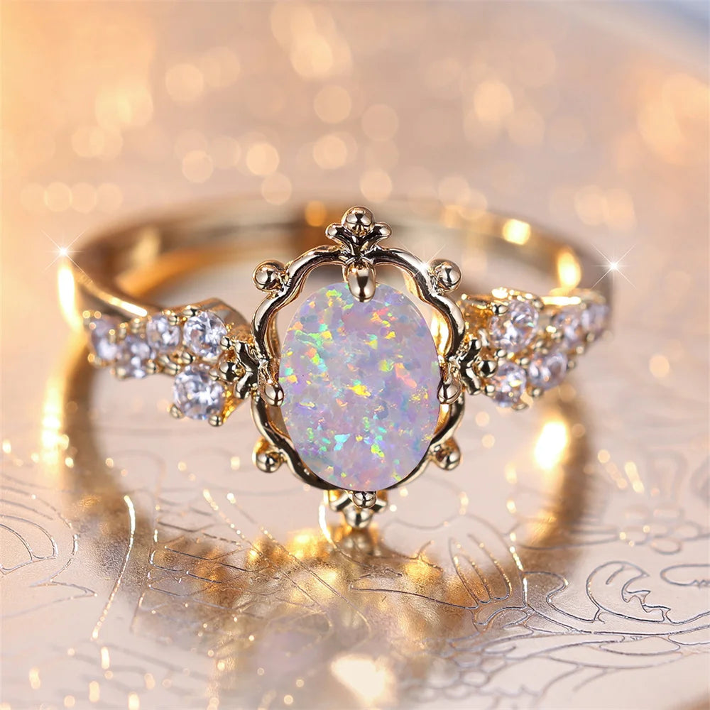 Best White Fire Opal Oval Stone Flower Ring for Woman AE