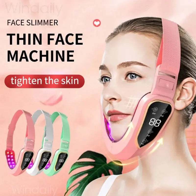 Face slimmer thin face machine in pink worn by woman, shown with LED lights and digital display, also in white and green
