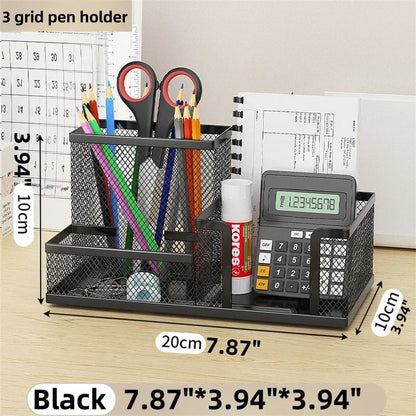 Metal Pen Holder & Desk Stationery Organizer – 7-Grid Mesh Office Storage Rack AE