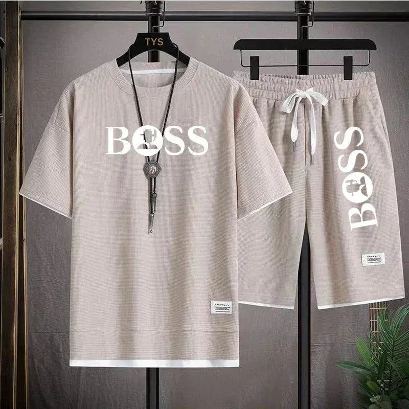 Beige casual men's outfit set with BOSS logo, including short sleeve shirt and drawstring shorts