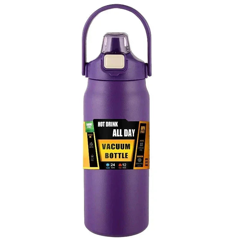Purple vacuum bottle with handle, BPA free, keeps drinks hot 12h and cold 24h