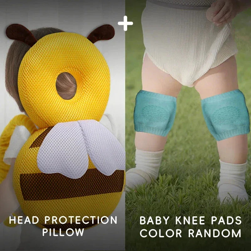 Baby wearing a yellow bee-shaped head protection pillow and blue baby knee pads outdoors
