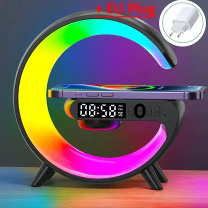 C-shaped color-changing LED lamp with digital alarm clock and wireless phone charger showing 08:58 with EU plug