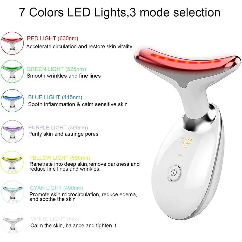 7 colors LED light facial massager with red, green, blue, purple, yellow, cyan, and white light modes for skin care