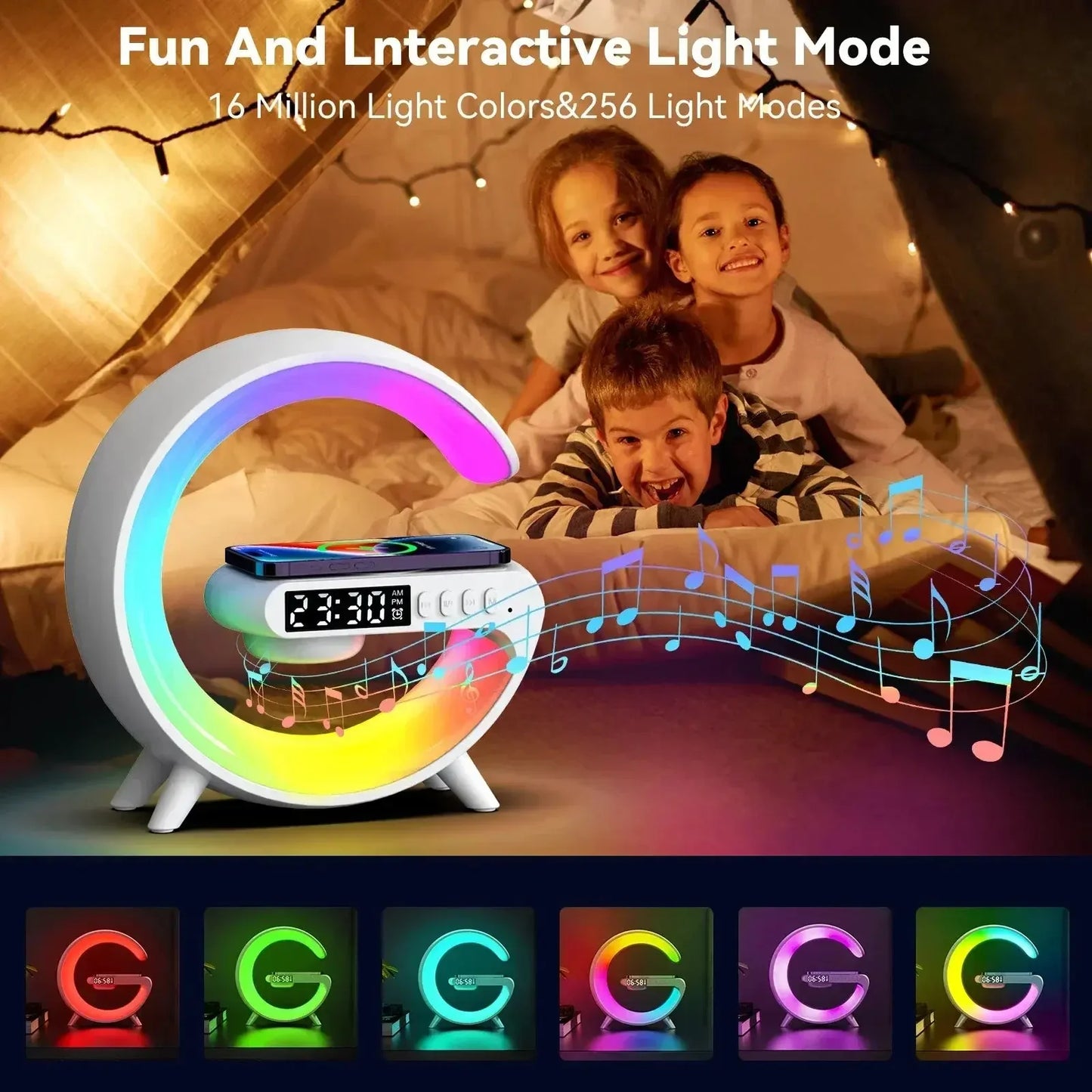Kids enjoying a colorful crescent moon-shaped LED alarm clock with music and preset light modes