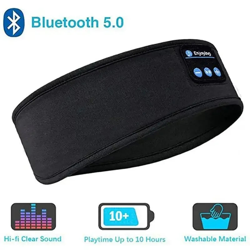 Black Bluetooth 5.0 wireless headphone headband with hi-fi sound, 10-hour playtime, and washable material