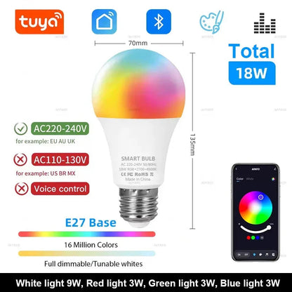 Tuya Bluetooth Smart LED Bulb Dimmable RGBCW - Color Changing Light Bulb E27 B22 15W 18W Smart Life App Music Sync - Wahtrends