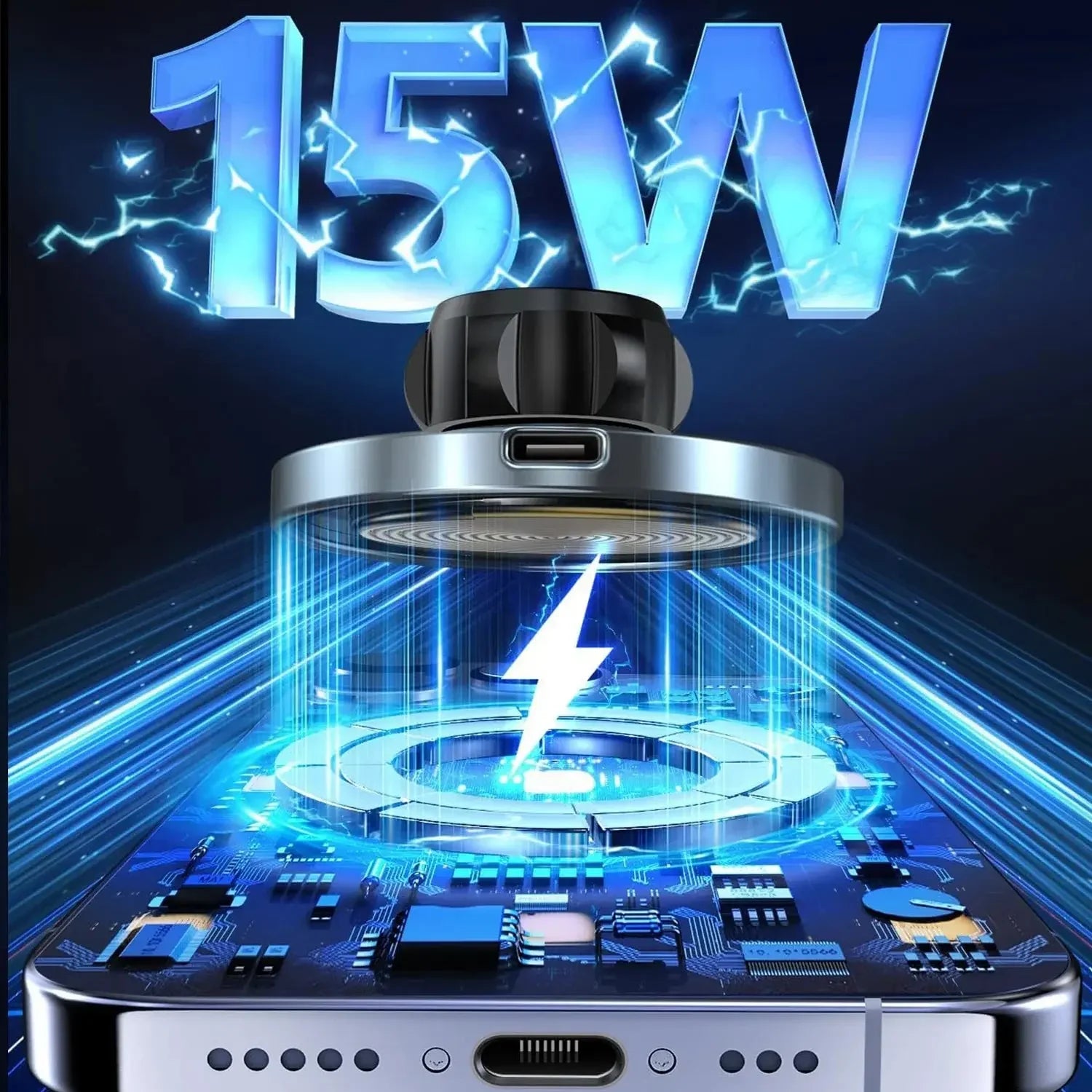 15W fast wireless charger aligning with smartphone's charging port and lightning bolt symbol