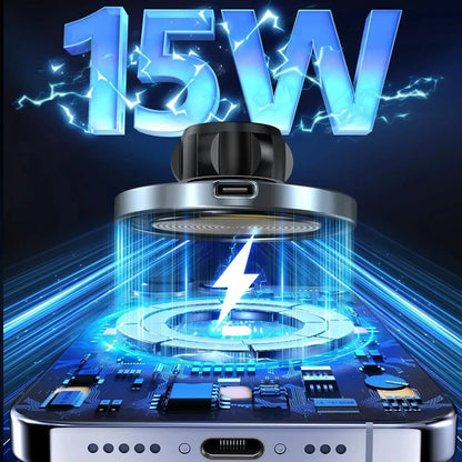 15W fast wireless charger aligning with smartphone's charging port and lightning bolt symbol
