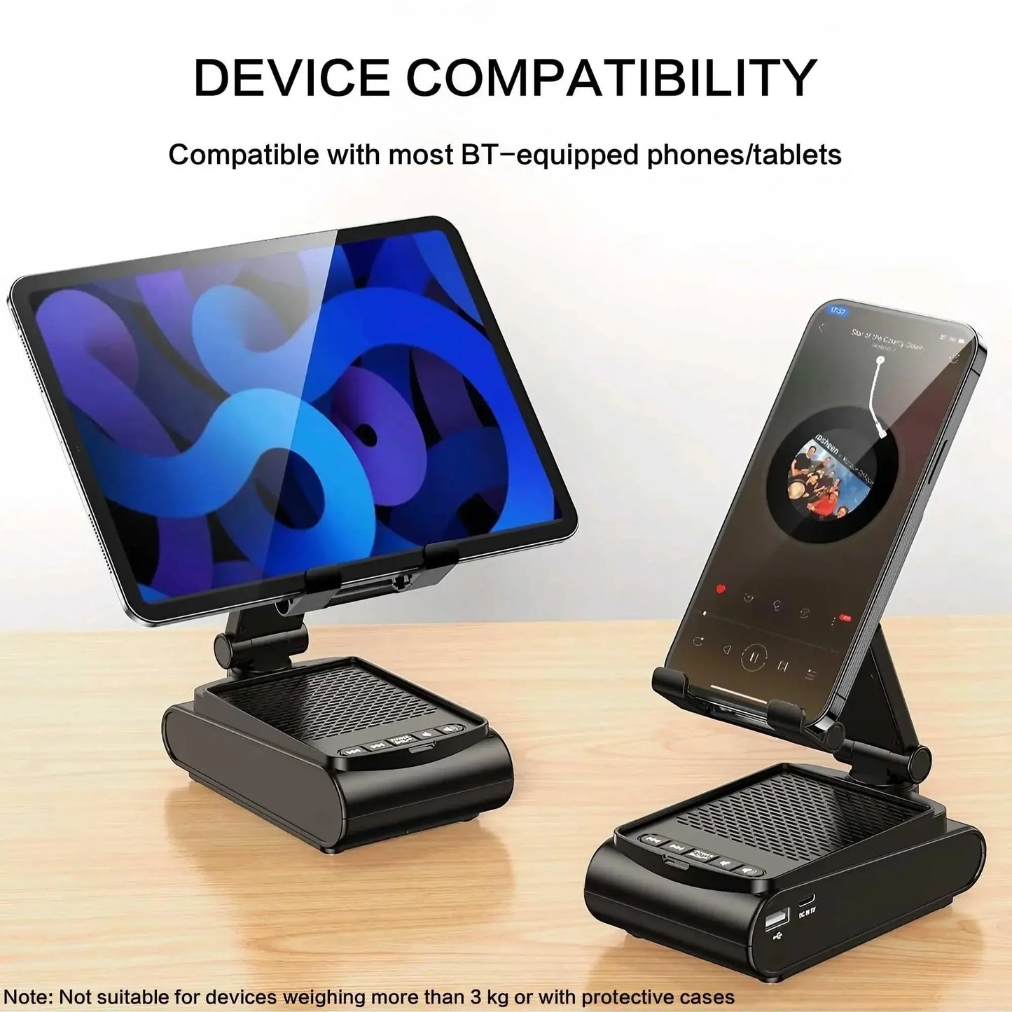Black adjustable phone and tablet stands with Bluetooth speaker on wooden surface, compatible with most BT devices
