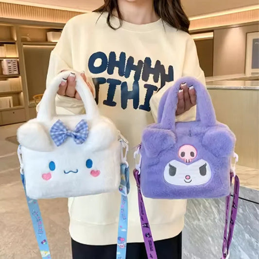 Kawaii Sanrio Plush Tote—Fluffy Cinnamoroll and Kuromi Bags for Travel/Cosmetics AE
