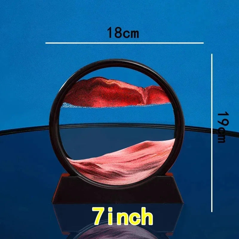 7 inch round hourglass with red sand, black frame on blue background, dimensions 18x19 cm