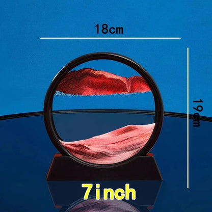 7 inch round hourglass with red sand, black frame on blue background, dimensions 18x19 cm