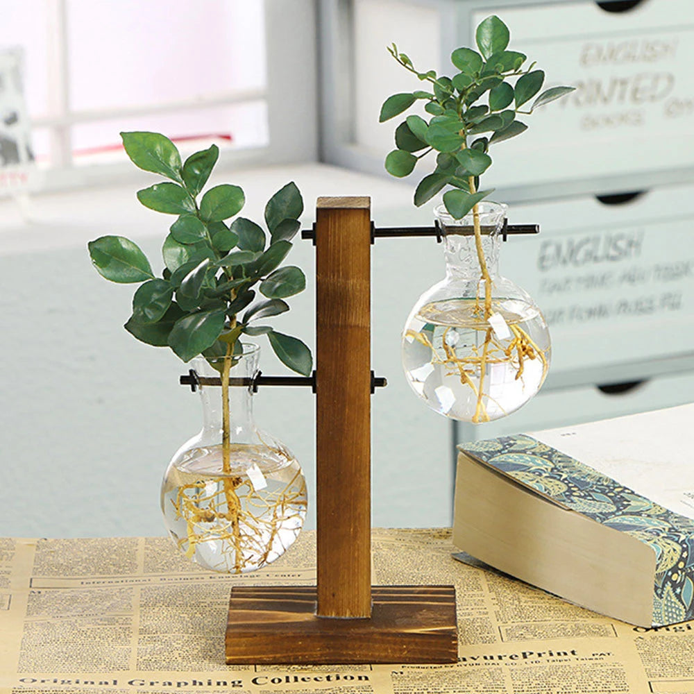 Elegant Glass Planter Propagation Station with Wooden Stand – Hydroponic Vase AE