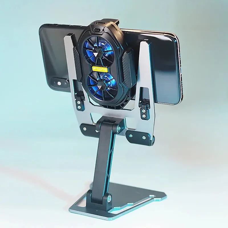Black smartphone on adjustable metal stand with dual blue LED cooling fans attached